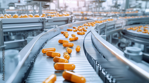 Wallpaper Mural Orange capsule pills moving on conveyor belt in pharmaceutical factory, showing modern medicine production process Torontodigital.ca