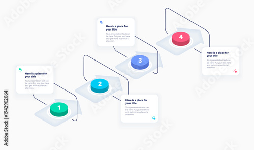 Modern isometric process flow chart with four steps. Presentation template for clear and effective data visualization.