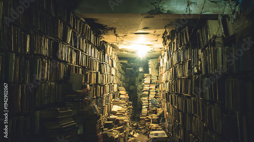 echo. Abandoned underground library with maze-like bookshelves extending into dusty darkness. STEM education sheets, lab safety posters, designed for STEM education and laboratory safety posters.