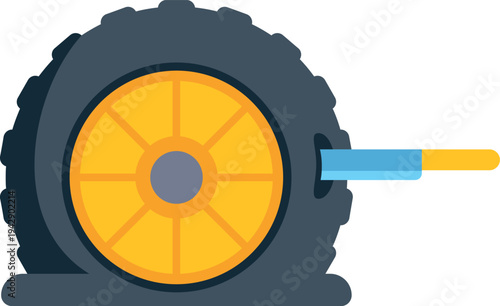 Flat car tire experiencing puncture with tool for repair