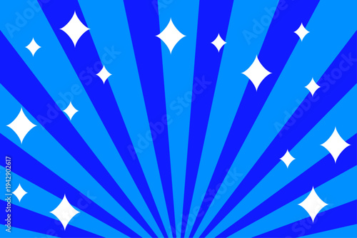 青の放射状サンバーストとキラキラが広がるポップな背景デザイン