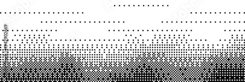 Bitmap dither pixel with wave gradient effect. Black and white bit texture background—abstract halftone 8-bit computer retro Y2K screen wallpaper—wide pixel art digital vintage vector illustration.