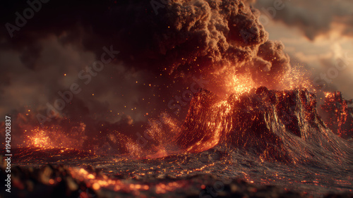 Wallpaper Mural A dramatic scene of a volcanic eruption, with molten lava flowing into the ocean at sunset. The sky is illuminated with fiery orange and red hues, indicating the intensity of the eruption. Torontodigital.ca