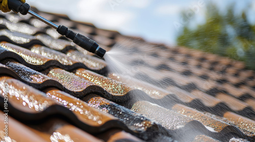 Wallpaper Mural Cleaning roof tiles with high pressure water spray on sunny day, removing dirt and moss for maintenance and care Torontodigital.ca