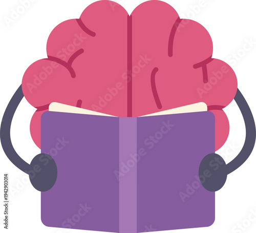 Brain character reading an opened book illustrating concepts of knowledge and study