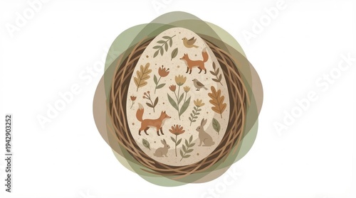 Whimsical Illustration of Foxes, Flowers, and Nature Elements on Decorative Egg in Nest