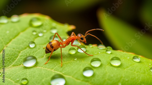 A golden ant traverses a leaf veined with dew, a microcosm of raw nature's intricacies.