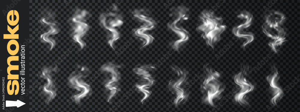 Fototapeta premium Effect vector white with food steam png and smoke tea coffee. Hot isolated dish with light black cloud and incense mist fog. Steam cup effect with food design smoky and pollution smell mug.