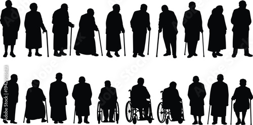 Collection of elderly people silhouettes standing with walking canes and wheelchairs, senior citizens mobility concept, aging population, disability support, retirement community illustration isolated