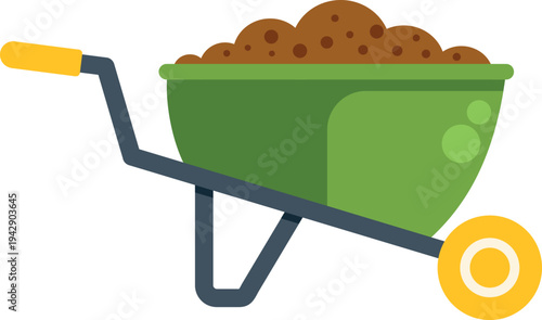 Green wheelbarrow carrying soil, representing gardening and yard work