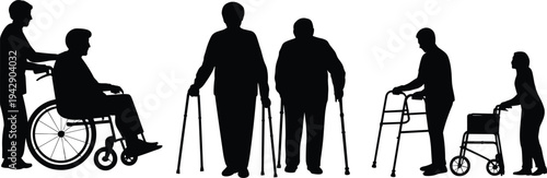 Elderly people mobility assistance silhouettes showing senior citizens using wheelchair, walker and crutches with caregiver support, aging disability healthcare and rehabilitation concept illustration