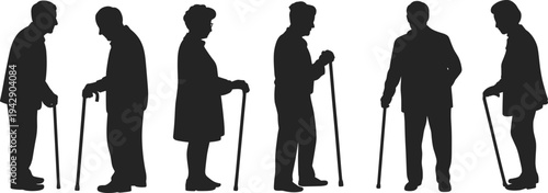 Elderly people silhouettes with walking canes showing aging population, senior citizens mobility, old age lifestyle, retirement concept, healthcare and aging society illustration
