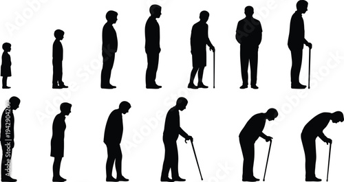 Human aging process silhouettes from child to elderly man with walking cane, life cycle stages illustration showing growth, adulthood, aging and senior posture changes