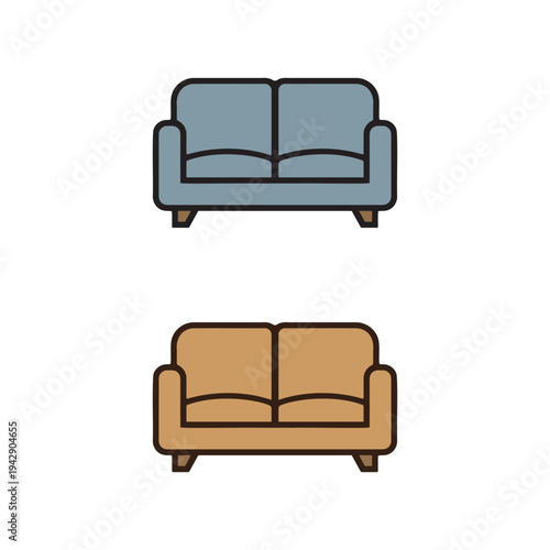 Modern teal and beige two-seater sofas isolated on white background minimalist design