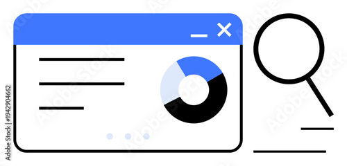 Web browser window featuring a pie chart and lines of text, accompanied by a large magnifying glass. Ideal for research, analytics, data visualization, business, SEO, online tools, and search