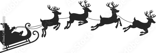 Santa Claus sleigh with flying reindeer silhouette, Christmas night flight illustration, holiday season decoration, festive winter celebration and Santa delivery concept