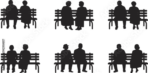 Senior couples sitting on park benches silhouettes collection showing elderly people relaxing, talking and enjoying companionship, retirement lifestyle and peaceful aging concept