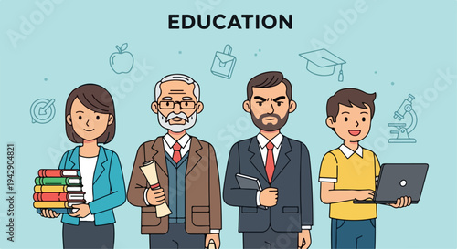 Diverse Group of Education Professionals and Student Vector Illustration