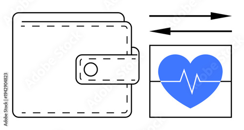 Financial health, insurance management, digital payments, medical transactions, financial security, healthcare access. Wallet with arrows and heartbeat icon. Financial health and insurance management