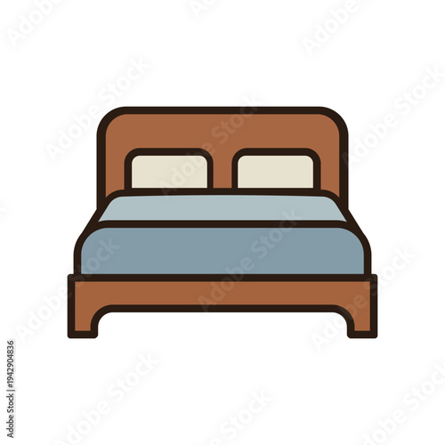 Modern wooden double bed with blue striped mattress and headboard in minimalist bedroom