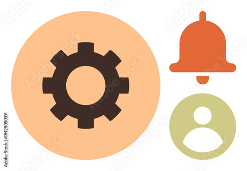 Settings, notifications, user interface, account management, customization, digital tools. Gear, bell and person symbols in minimal design. Settings and notifications concept for user interface