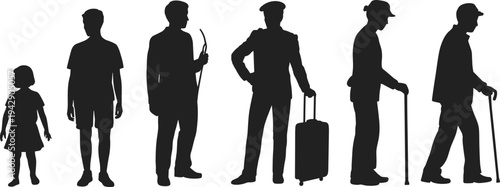 Silhouette illustration showing human life stages from childhood to old age, concept of aging process, growth, generation change, and lifespan development in people