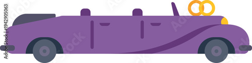 Stylish purple wedding limousine illustration featuring golden rings on the hood