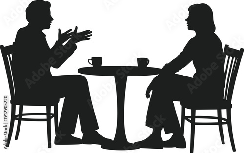 Silhouette of man and woman talking at cafe table with coffee cups, conversation meeting concept, communication, discussion, relationship and social interaction illustration