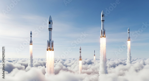 Rockets launching into blue sky with clouds, depicting Space Exploration scene.