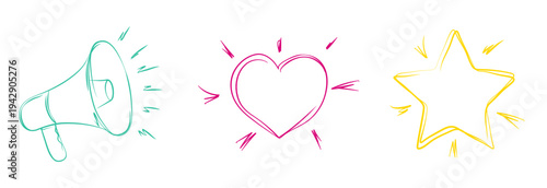 Sketchnote Icons für Marketing Announcement: Megaphone, Herz, Stern - Rabatte, Kampagne, Werbung