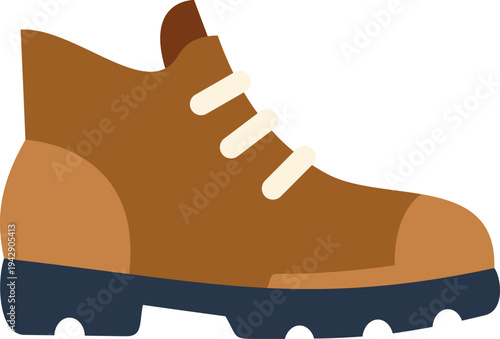 Sturdy brown hiking boot illustration with thick black sole and beige laces on white background