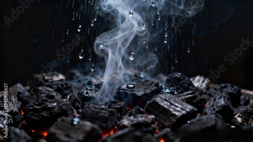 Rain Falling on Hot Charcoal with Glowing Embers and Steam