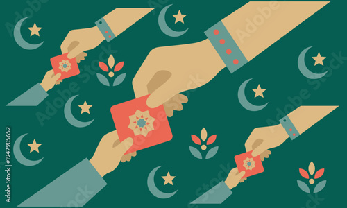 Eid al Fitr celebration vector illustration of hands giving money in red envelopes for an Islamic holiday post