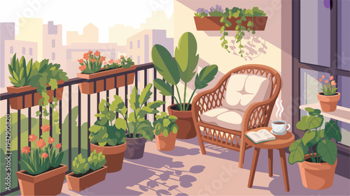 Cozy balcony with wicker chair plants and city view serene outdoor relaxation space with natural light