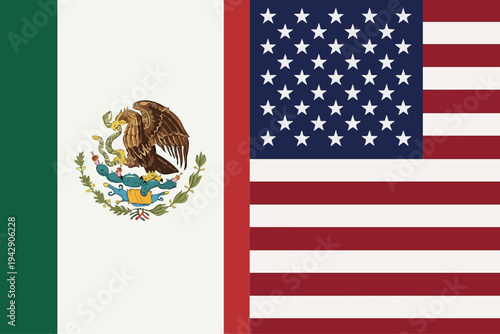 Mexican and United States of America federal state Official Symbol Side by Side. Close Up Sign. National Flag Combination Image. Close-Up International Relations Concept Illustration conflict