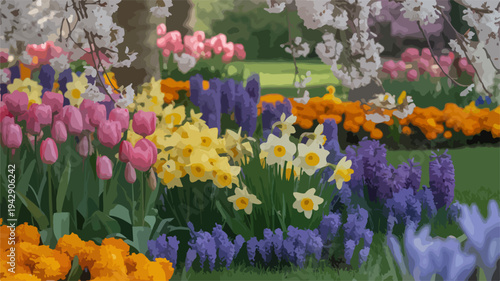 Vibrant spring garden with tulips daffodils and hyacinths in bloom surrounded by lush greenery and blossoming trees