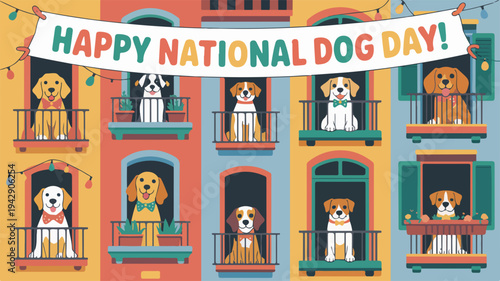 Colorful cartoon building with dogs on balconies celebrating national dog day in vibrant illustration