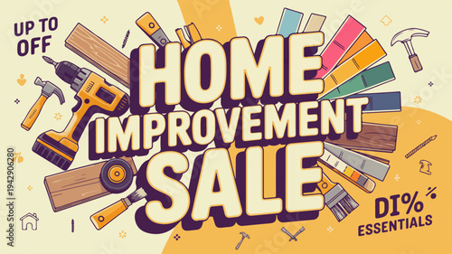 Vibrant home improvement sale banner with diy tools and essentials on yellow background