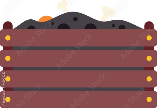 Wooden compost box containing dark soil and organic waste for eco friendly recycling