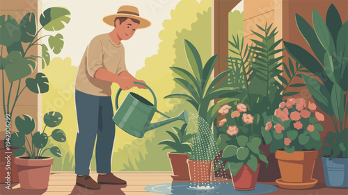 Man watering plants on a sunny patio with a green watering can and various potted plants