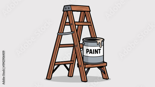 Wooden ladder with paint can on step renovation tool home improvement equipment diy project wooden stepladder