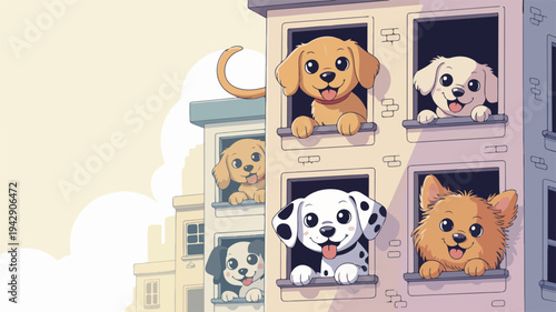 Cute cartoon animals peek out of apartment building windows dogs and cats in cozy home setting with soft lighting