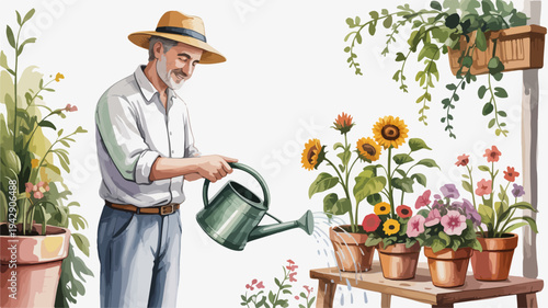 Gardener watering sunflowers and colorful flowers on a wooden table in a serene garden setting with lush greenery