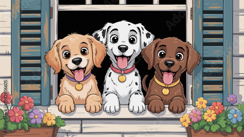 Three cartoon dogs with collars and tags peeking out of a window with blue shutters and colorful flowers