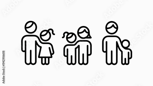 Family members holding hands simple line art icons minimalistic design white background vector illustration