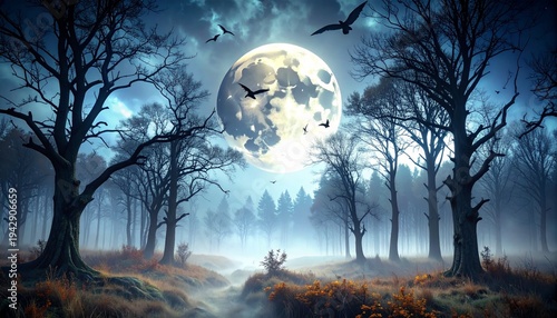 dark night forest full moon  
