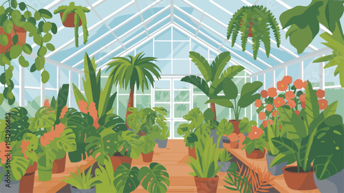 Lush greenhouse interior with diverse potted plants and vibrant flowers under natural light serene atmosphere and wooden walkway