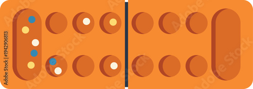 Bright orange mancala board with colorful beads representing traditional strategic gameplay