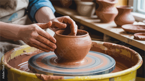 Potter's skilled hands shape clay vessel on spinning wheel in studio with ceramic pieces