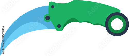 Modern curved karambit knife with green handle and blue blade isolated on white background